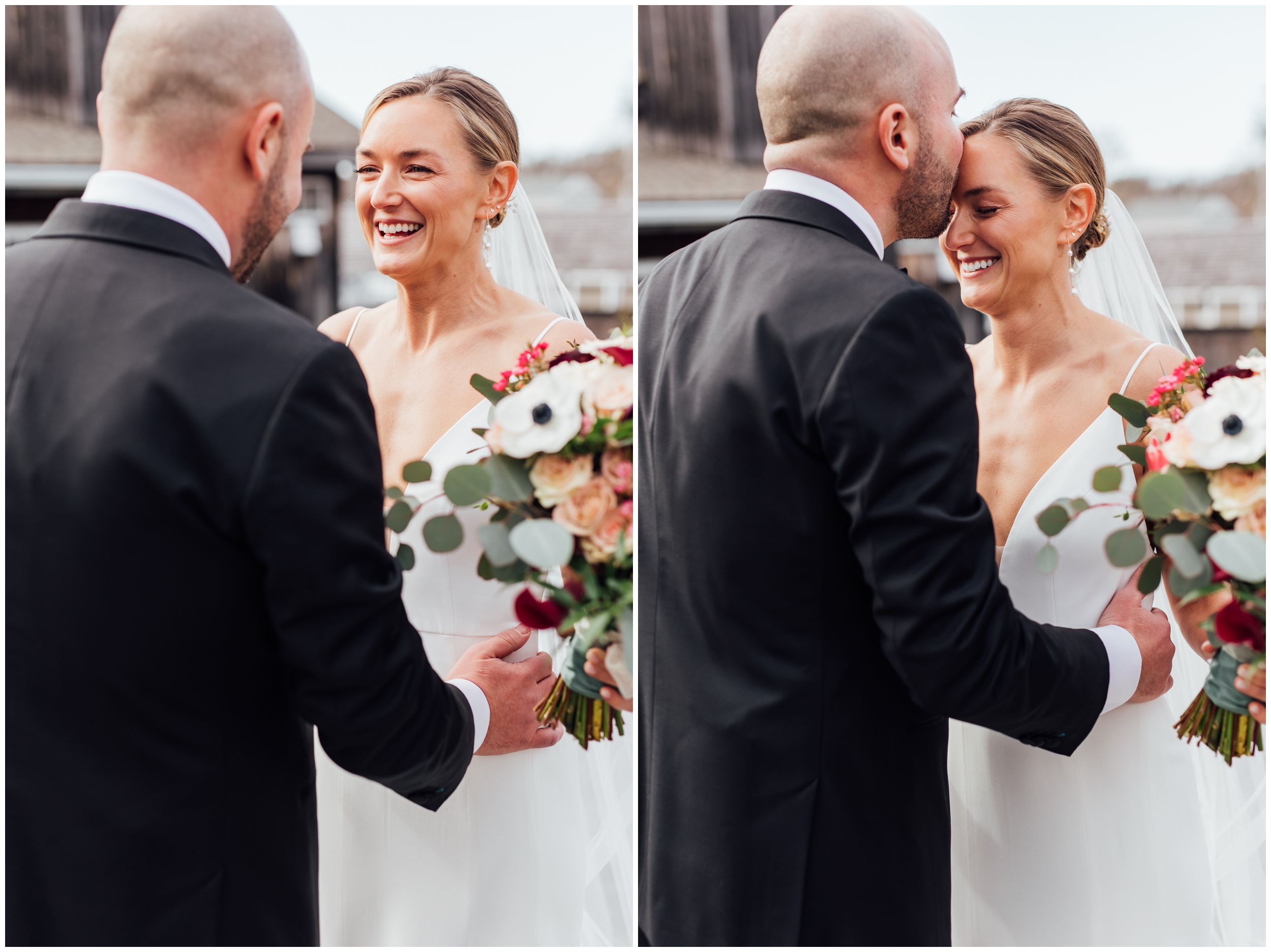 Bride and groom first look at Red Lion Inn winter wedding in Cohasset MA